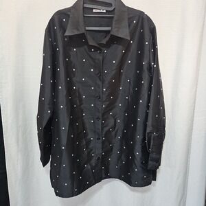 Batsheva Black Long Sleeve Button Up Blouse Womens Size XL Bling New Years Party